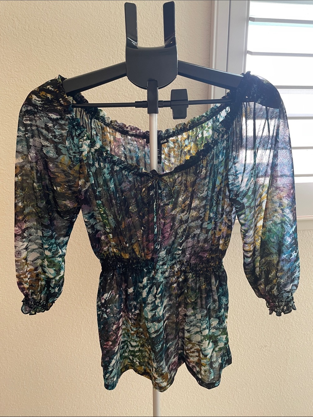 H&M Sheer Black Multicolor Smocked Waist Long Sleeve Blouse
